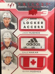 Base Red Foil Material Relics Triple Rookie Premieres Jack Hughes, Cale Makar, Quinn Hughes