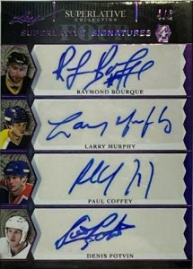 Superlative Signatures 4 Purple HoloFoil Raymond Bourque, Larry Murphy, Paul Coffey, Denis Potvin