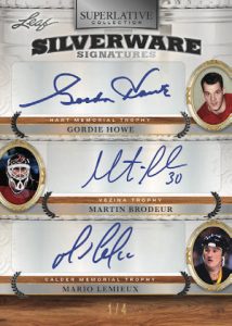 Superlative Silverware Signatures Bronze HoloFoil Front Gordie Howe, Martin Brodeur, Mario Lemieux, Ted Lindsay, Pierre Pilote, Bobby Hull MOCK UP