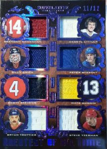 The 100 Greatest of All TIme Relic Purple HoloFoil Brendan Shanahan, Darryl Sittler, Billy Smith, Peter Stastny, Scott Stevens, Mats Sundin, Bryan Trottier, Steve Yzerman