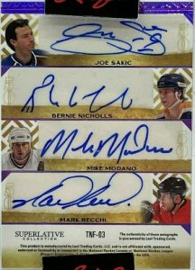 The Nifty 50 Signature Purple HoloFoil Front Mark Messier, Michel Goulet, Lanny McDonald, Teemu Selanne, Joe Sakic, Bernie Nicholls, Mike Modano, Mark Recchi