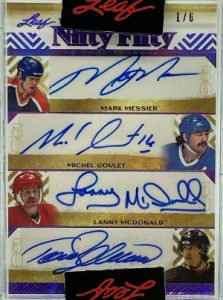 The Nifty 50 Signature Purple HoloFoil Front Mark Messier, Michel Goulet, Lanny McDonald, Teemu Selanne, Joe Sakic, Bernie Nicholls, Mike Modano, Mark Recchi