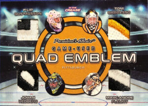 Game-Used Quad Emblem Filip Gustavsson, Tom Barrasso, Johan Hedberg, Marc-Andre Fleury