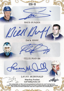 Ultimate Signatures 8 Gold Spectrum Back Mats Sundin, Dick Duff, Felix Potvin, Lanny McDonald MOCK UP