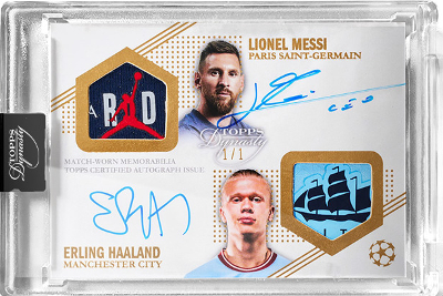 Dynasty Dual Auto Patch Gold Lionel Messi, Erling Haaland MOCK UP