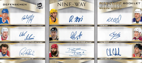 Nine-Way Signature Booklets Paul Coffey, Nicklas Lidstrom, Larry Robinson, Roman Josi, Ray Bourque, Brent Burns, Rob Blake, Cale Makar, Chris Chelios MOCK UP