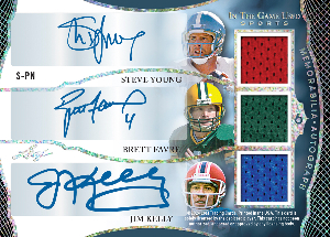 In The Game Used Auto 6 Back Steve Young, Brett Favre, Jim Kelly MOCK UP