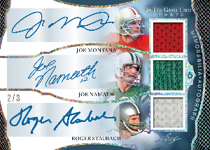 In The Game Used Auto 6 Front Joe Montana, Joe Namath, Roger Staubach MOCK UP