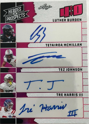 4.0 Quad Auto Pink Luther Burden, Tetairoa McMillan, Tez Johnson, Tre Harris III